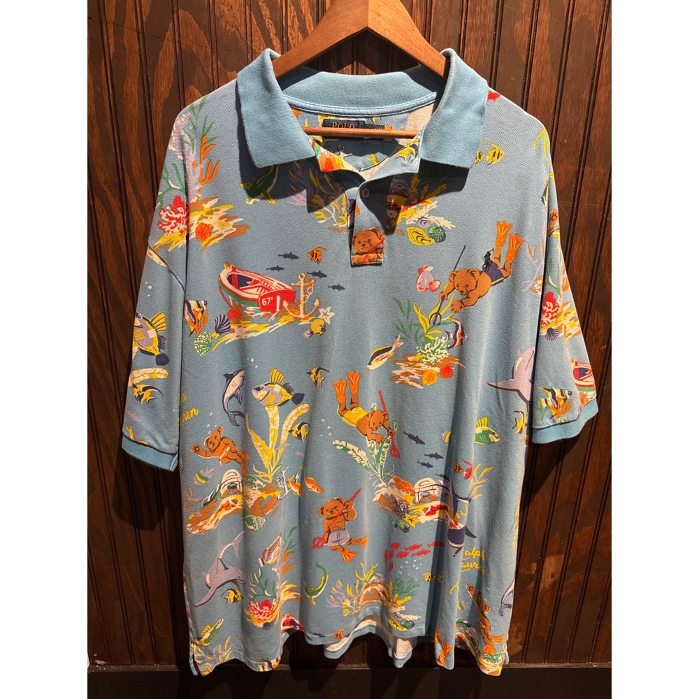Polo Ralph Lauren Scuba Polo Bear Underwater Print Shirt Light Blue Mens 30x32